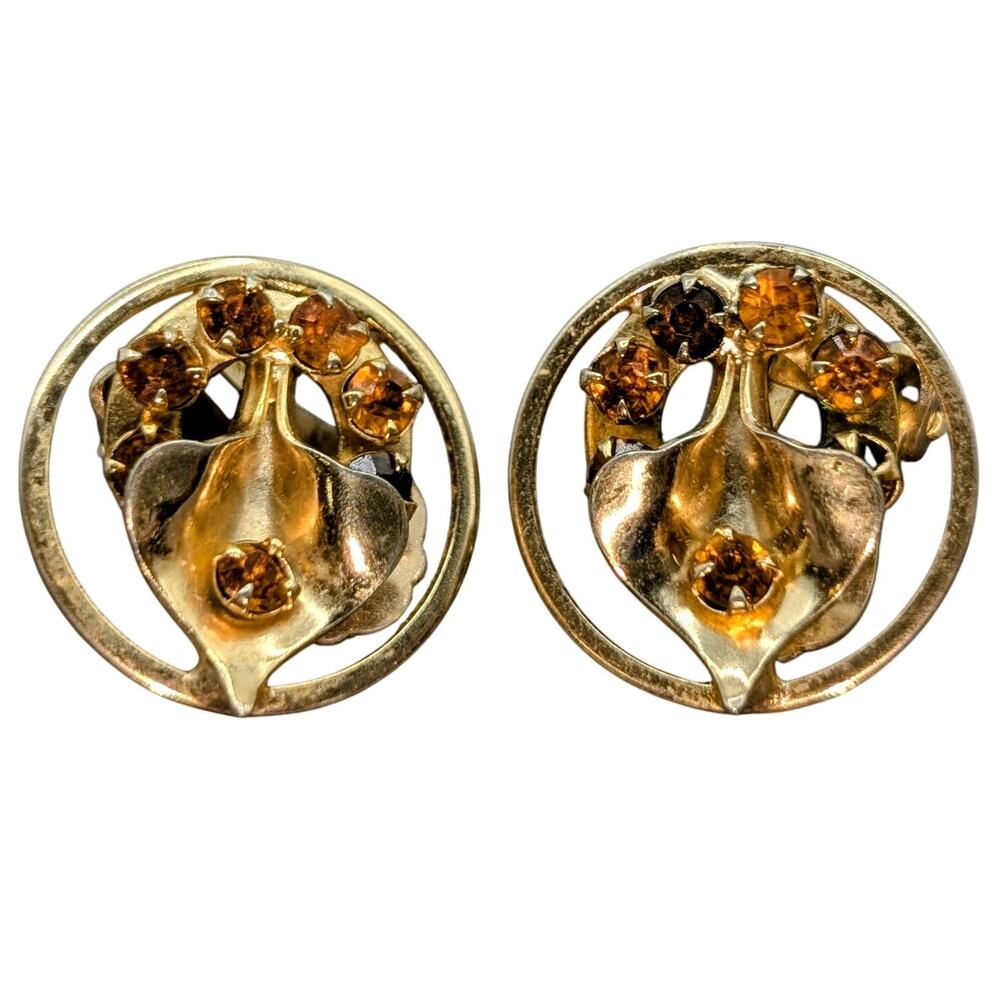Vintage Unsigned Gold Tone Amber Color Rhinestone Calla Lily Clip On Earrings